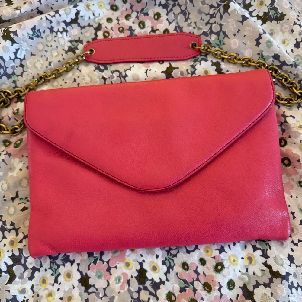 Pink Leather Chain Strap Clutch